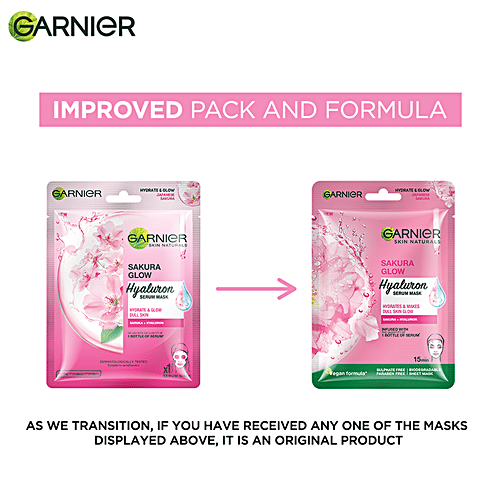 Garnier Sakura White Face Serum Sheet Mask - Hydrates & Brightens The Skin, 28 g