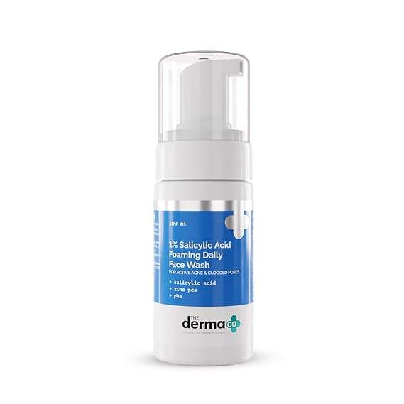 The Derma Co 1% Salicylic Acid Foaming Daily Face Wash with Salicylic Acid, Zinc PCA & PHA for Active Acne & clogged Pores - 100 ml Reduces Acne