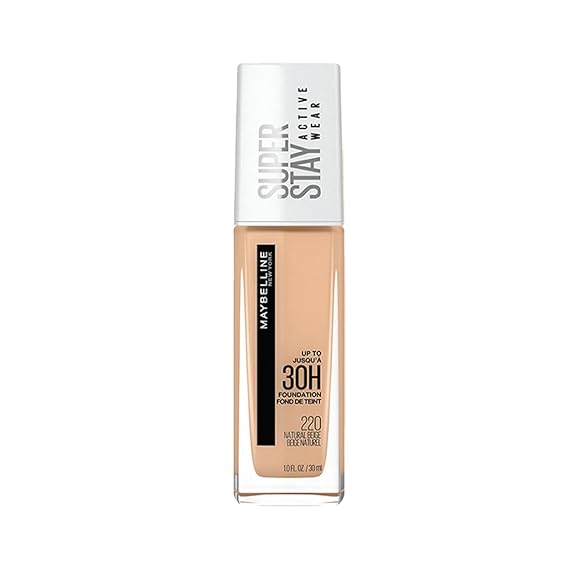 Maybelline New York Super Stay Full Coverage Active Wear Liquid Foundation, Matte Finish with 30 HR Wear, Transfer Proof 220, Natural Beige, 30ml