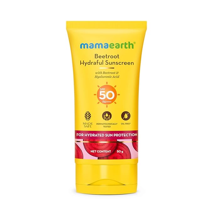 Mamaearth Beetroot Hydraful Sunscreen With Hyaluronic Acid | SPF 50 & PA++++ | UVA & B Protection | Tan Protection | Hydrates Skin | No white cast | For Oily, Combination & Dry Skin | 50 g