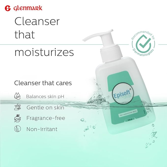 Glenmark Episoft Cleansing Lotion for Sensitive & Dry Skin I Cleanser for face | Gentle Cleanser removes Excess oil I Moisturises and Makes Skin Soft and Glowing I Makeup cleanser I Free of SLS | 125ml