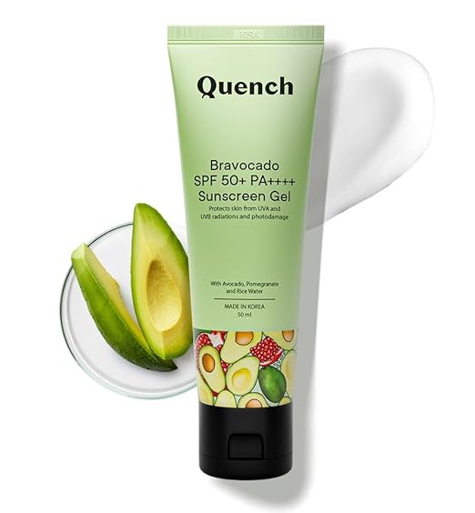 QUENCH Bravocado Sunscreen SPF 50+ PA++++| Korean Sunscreen with Vitamin E & Avocado for Glowing Skin| No White Cast| Lightweight & Non-Sticky| UVA & UVB Protection| For Women & Men (50ml)