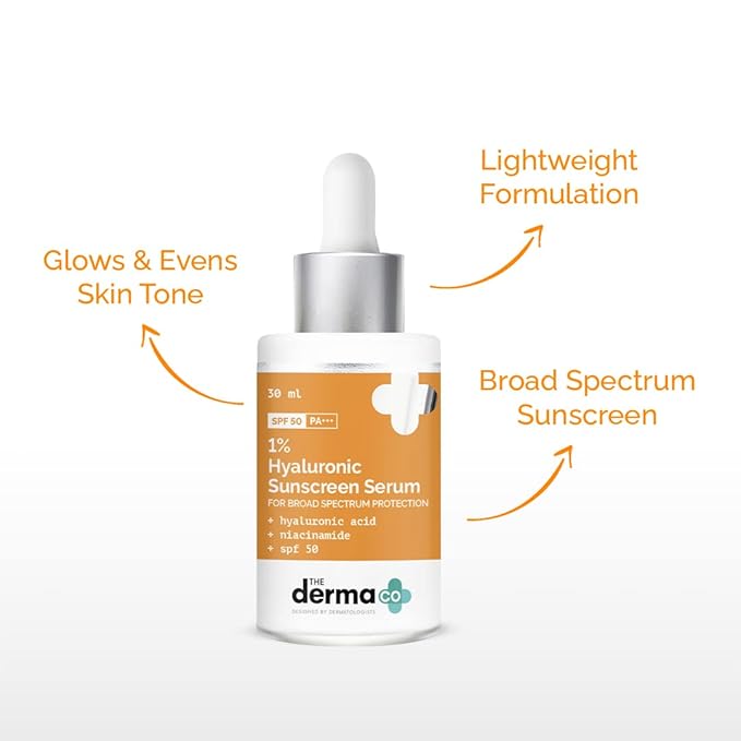The Derma Co 1% Hyaluronic Acid Sunscreen For All Skin Types Serum With Spf 50 & Niacinamide For Broad Spectrum Protection - 30Ml