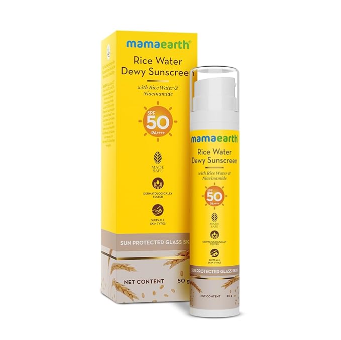 Mamaearth Rice Water Dewy Sunscreen with SPF 50 PA++++ | UVA & UVB Protection | Tan Protection | Gives Glass Skin Glow 50gm