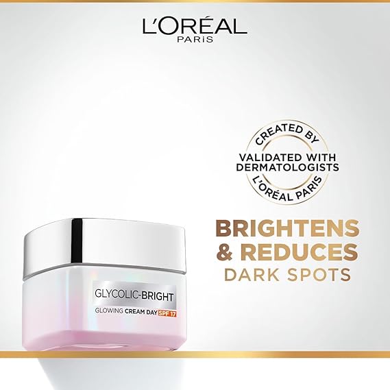 L'Oreal Paris Glycolic Bright Day Cream with SPF 17, 15ml |Skin Brightening Cream with Glycolic Acid that Visbily Minimizes Spots & Reveals Even Toned Skin