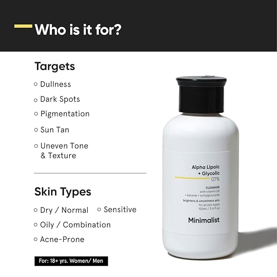 Minimalist 7% ALA & AHA Brightening Face Wash with Vitamin B5 For Hydration, Glycolic Acid For Exfoliation & Alpha Lipoic Acid For Glowing shin 100 ml