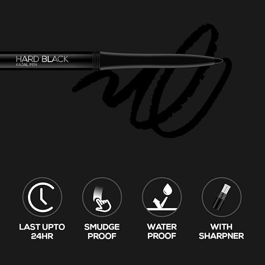 RENEE Hard Black Kajal Pen | 24 Hrs Stay Long Lasting Super Black Kajal Pencil 0.35gm, Matte Finish, Rich Color Payoff, Smudge & Water Proof