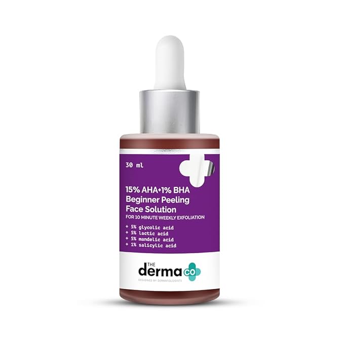 The Derma Co 15% AHA + 1% BHA Beginner Repairing, Radiant Skin, Exfoliating, Removes Impurities Face Peeling Solution for 10-Minute Weekly Exfoliation - 30ml