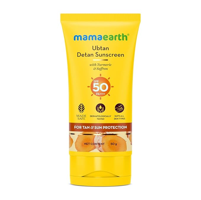Mamaearth Ubtan Detan Sunscreen With Turmeric & Saffron | SPF 50 & PA++++ for UVA/B Protection | Tan Protection | Brightens Skin 50gm