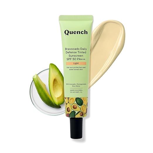 Quench Botanics Bravocado Daily Defense Tinted sunscreen SPF 50 PA+++ (Light), Lightweight | Gel-based Sunscreen, UV Shield I Rice, Pomegranate | Made In Korea, 50ml