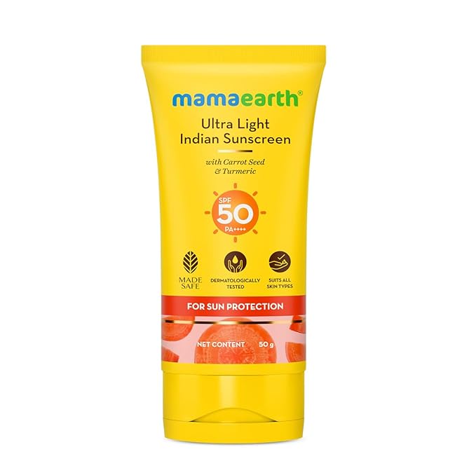 Mamaearth Ultra Light Indian Sunscreen with Carrot Seed & Turmeric | SPF 50 PA ++++ | UVA & UVB Protection | Tan Protection | No White Cast | Non-Greasy 50gm
