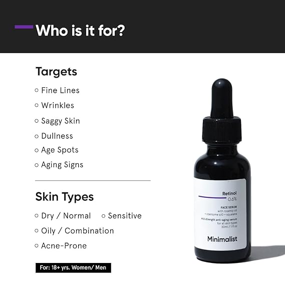 Minimalist Retinol 0.6% Mid-Strength Anti Aging Face Serum Reduces Fine Lines & Wrinkles, Medium Strength Retinol Formula