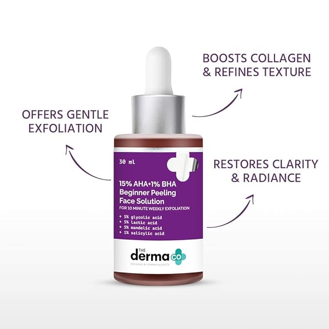 The Derma Co 15% AHA + 1% BHA Beginner Repairing, Radiant Skin, Exfoliating, Removes Impurities Face Peeling Solution for 10-Minute Weekly Exfoliation - 30ml