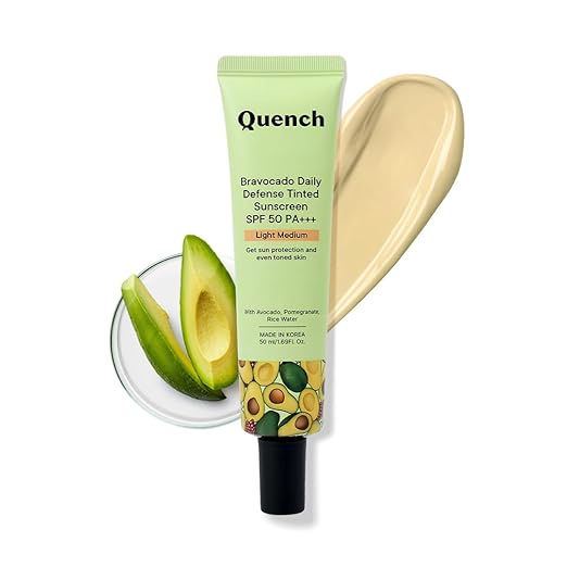 Quench Botanics Bravocado Daily Defense Tinted sunscreen SPF 50 PA+++ (Light Medium), Lightweight | Gel-based Sunscreen, UV Shield I Rice, Pomegranate | Made In Korea, 50ml