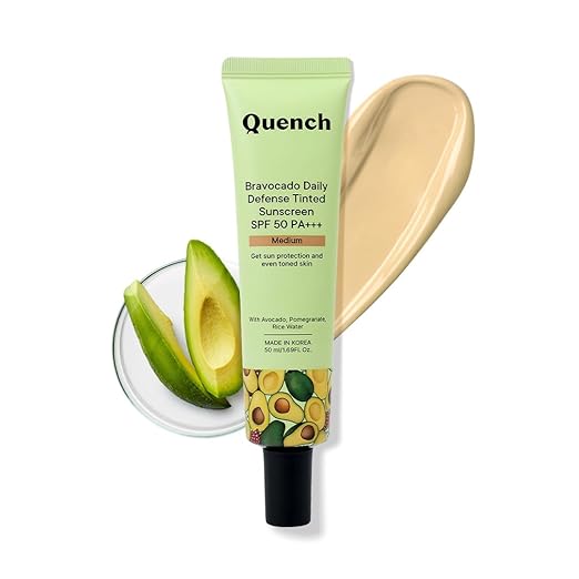 Quench Botanics Bravocado Daily Defense Tinted sunscreen SPF 50 PA+++ (Medium), Lightweight | Gel-based Sunscreen, UV Shield I Rice, Pomegranate | Made In Korea, 50ml
