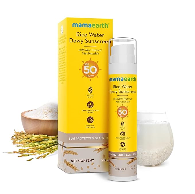 Mamaearth Rice Water Dewy Sunscreen with SPF 50 PA++++ | UVA & UVB Protection | Tan Protection | Gives Glass Skin Glow 50gm