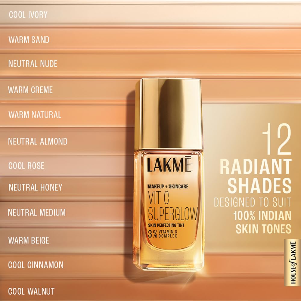 LAKMÉ Makeup+Skincare VitC Superglow Skin Perfecting Natural Liquid Tint, Medium Coverage, Cool Walnut C380