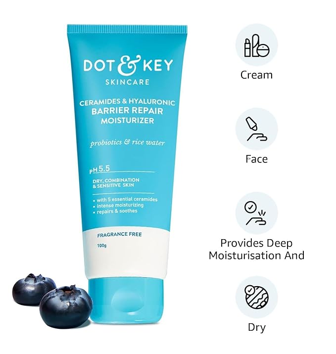 Dot & Key Ceramides Moisturizer with Hyaluronic for Intense Moisturizing and Skin Strengthening, Probiotic & Rice Water, Barrier Repair Cream For Dry Skin, Normal & Sensitive Skin 100g