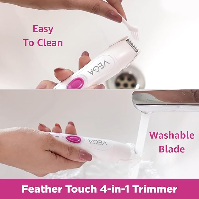 Vega Feather Touch 4-In-1 Trimmer for Women, Suitable for trimming Eyebrows, Nose, Face & Bikini Area (VHBT-03)