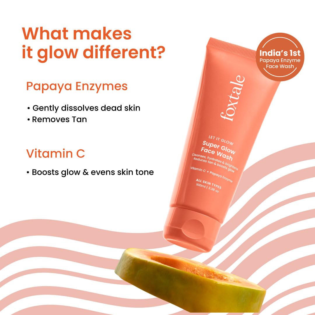 Foxtale Vitamin C Super Glow Face Wash with Papaya enzyme, Reduces Tan, Boosts Glow, Gently Exfoliates & Brightens Skin, Reduces Pigmentation