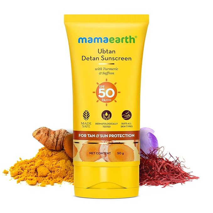 Mamaearth Ubtan Detan Sunscreen With Turmeric & Saffron | SPF 50 & PA++++ for UVA/B Protection | Tan Protection | Brightens Skin 50gm
