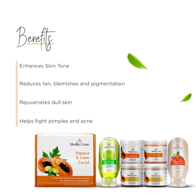 Vedicline Papaya & Lime Facial Kit Helps To Reduce Tan, Blemishes And Pigmentation With Papaya, Lime, Aloe Vera for Clear Radiant Skin, 640ml