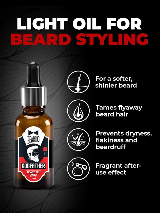 Beardo Godfather Lite Beard and Moustache Oil, 30 ml | Beard Oil for men | Non-Sticky, Light; Almond Oil, Aloe vera, Vitamin E, Shiny Nourished Beards