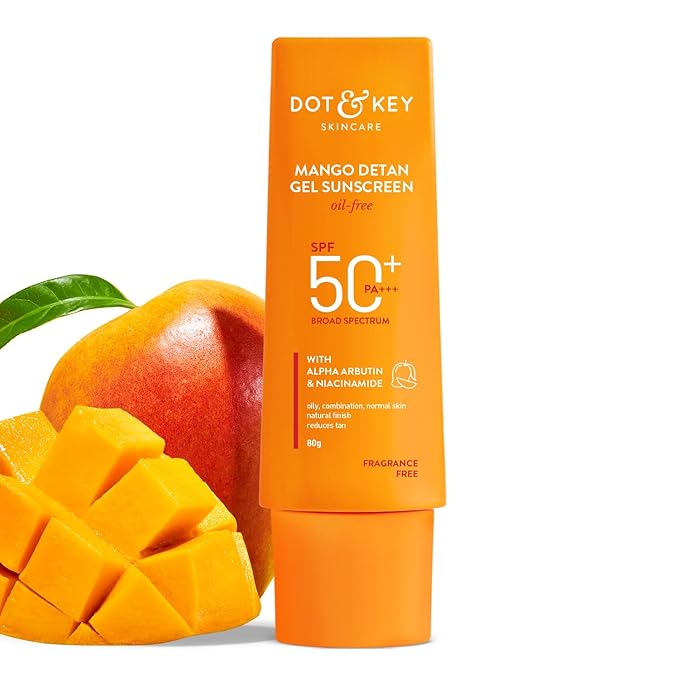 Dot & Key Mango Detan Gel Sunscreen SPF 50+ PA+++ 80g | Oil-Free, With Alpha-Arbutin & Niacinamide | Controls Tanning, Brightens Skin | Fades Dark Spots, Water Resistant 80gm