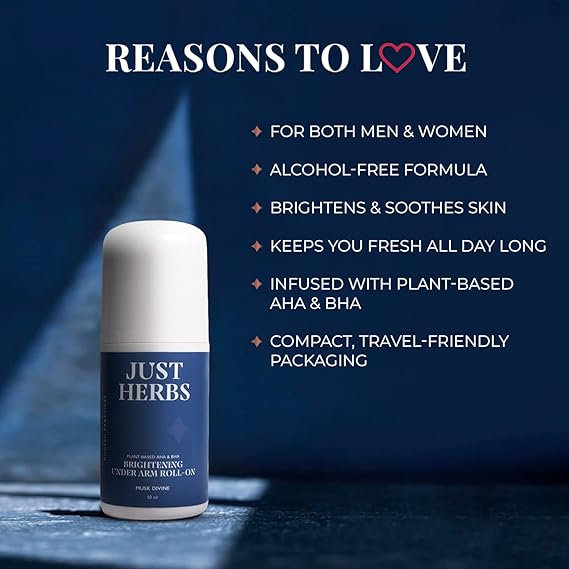 Just Herbs Roll on Deo for Men Musk Divine Refreshing Under Arm Long Lasting Deodorant - 50 ml
