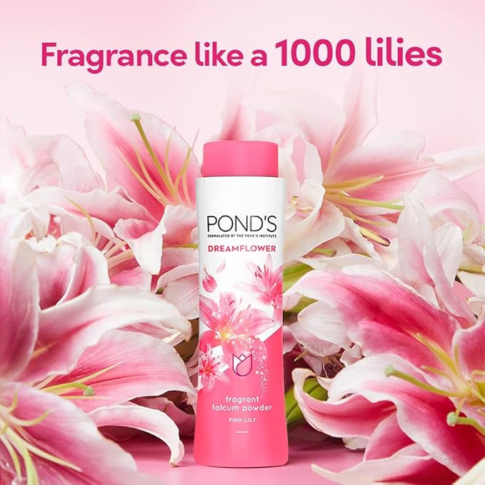 Pond’s Dreamflower, Pink Lily Fragrant Talcum Powder, 400g, for Long-lasting Fragrance, with Vitamin B3, Glowing Skin