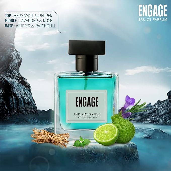 Engage Indigo Skies Perfume for Men Long Lasting Smell, Fresh and Earthy Fragrance Scent, for Everyday Use, Gift for Men, Free Tester with pack, 100ml
