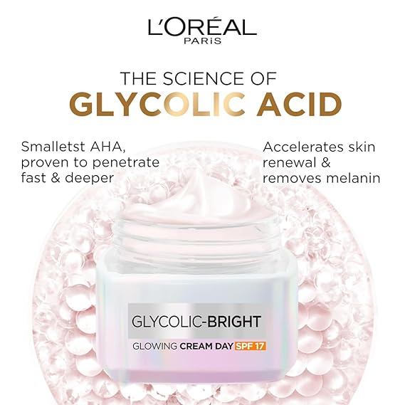 L'Oreal Paris Glycolic Bright Day Cream with SPF 17, 15ml |Skin Brightening Cream with Glycolic Acid that Visbily Minimizes Spots & Reveals Even Toned Skin