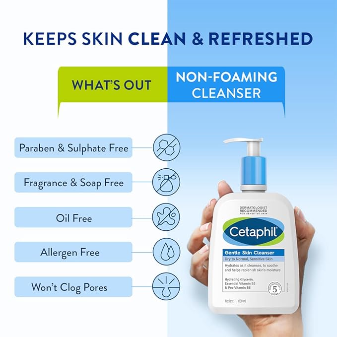 Cetaphil Gentle Skin Cleanser , Hydrating Face Wash for Dry to Normal Skin ,Soap Free & Non irritating 1Ltr