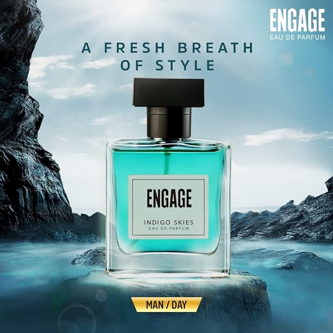 Engage Indigo Skies Perfume for Men Long Lasting Smell, Fresh and Earthy Fragrance Scent, for Everyday Use, Gift for Men, Free Tester with pack, 100ml