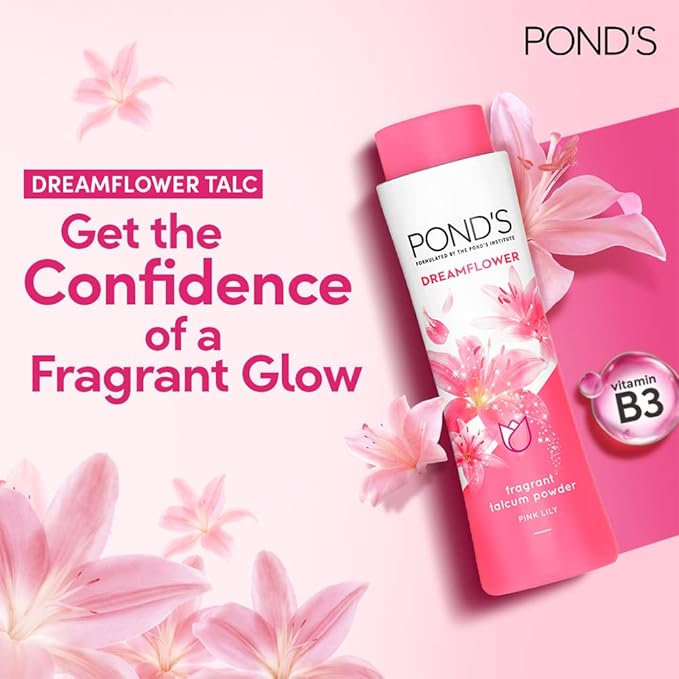 Pond’s Dreamflower, Pink Lily Fragrant Talcum Powder, 400g, for Long-lasting Fragrance, with Vitamin B3, Glowing Skin
