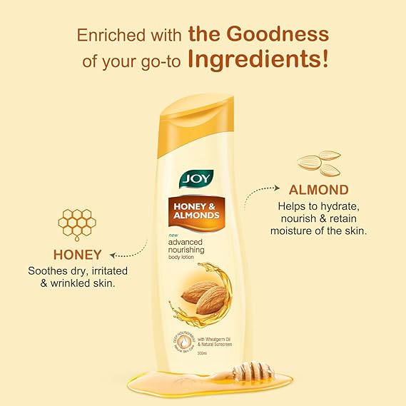 Joy Honey & Almonds Advanced Nourishing Body Lotion For Winters (300ml) |Non Sticky Body Moisturizer With Vitamin E & Natural Sunscreen| Winter Body Lotion For Dry Skin
