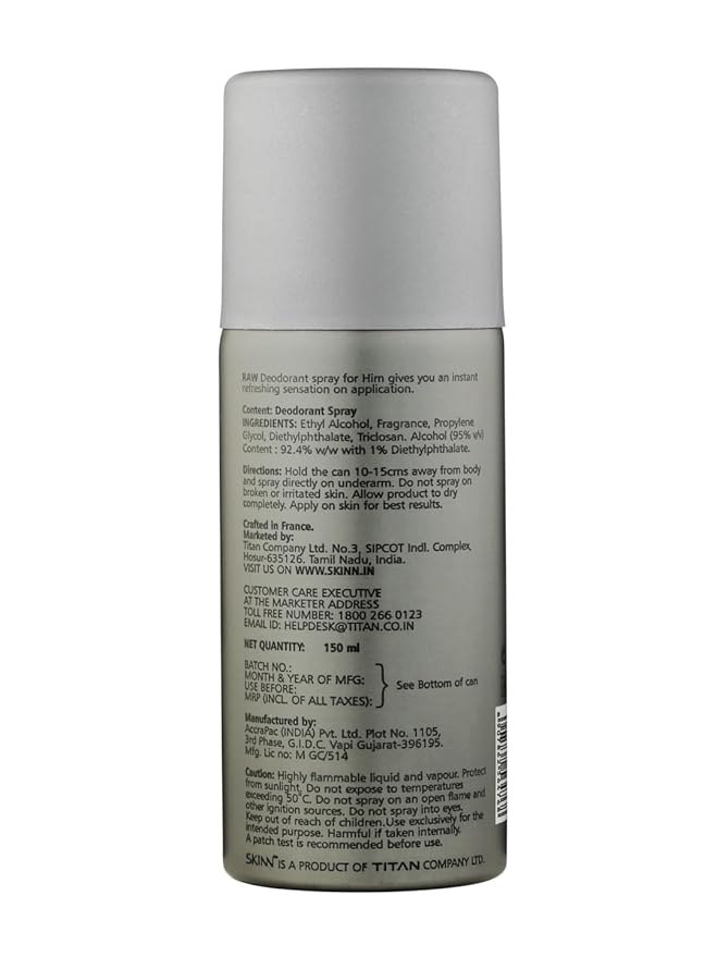 Skinn By Titan Raw Long-lasting Deodorant Spray For Men - 150 mL