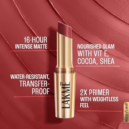 Lakme 9 To 5 Primer + Matte Lipstick - MR4 Roseatte Red (3.6g)