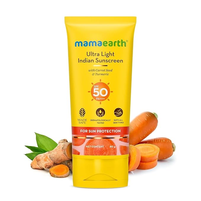 Mamaearth Ultra Light Indian Sunscreen with Carrot Seed & Turmeric | SPF 50 PA ++++ | UVA & UVB Protection | Tan Protection | No White Cast | Non-Greasy 80gm