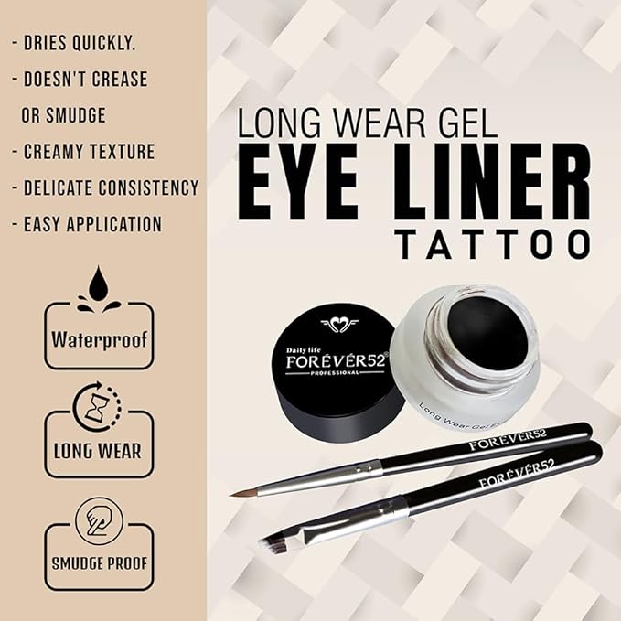Daily Life Forever52 Long Wear Gel Eyeliner & Tattoo, Waterproof Smudgeproof Long Lasting Cream Eyeliner Gel with 2PCS Brushes for Smooth Aplication (Jet Black GT001)