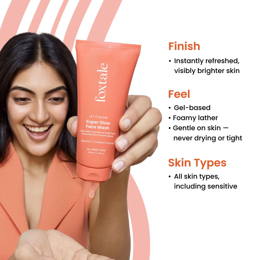 Foxtale Vitamin C Super Glow Face Wash with Papaya enzyme, Reduces Tan, Boosts Glow, Gently Exfoliates & Brightens Skin, Reduces Pigmentation