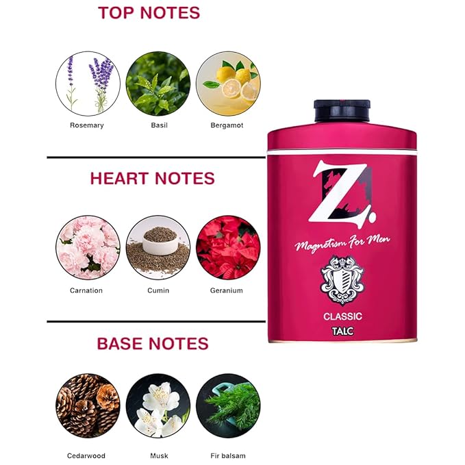 Z Magnetism Classic Deodorizing Talcum Powder for Men | Signature Woody & Musky Fragrance 100gm