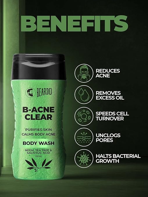 Beardo Body Acne Clear Body Wash for Men 200 ml | With Neem, Tea Tree and Salicylic Acid | Clean Clear Skin | For Body Acne and Skin Purification