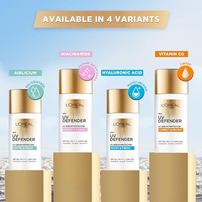 L'Oreal Paris Sunscreen, Non-Greasy, Hydrating Sunscreen With Hyaluronic Acid, UVA & UVB Protection, With SPF 50 PA+++, Moist & Fresh, UV Defender Serum Protector, 50 ml