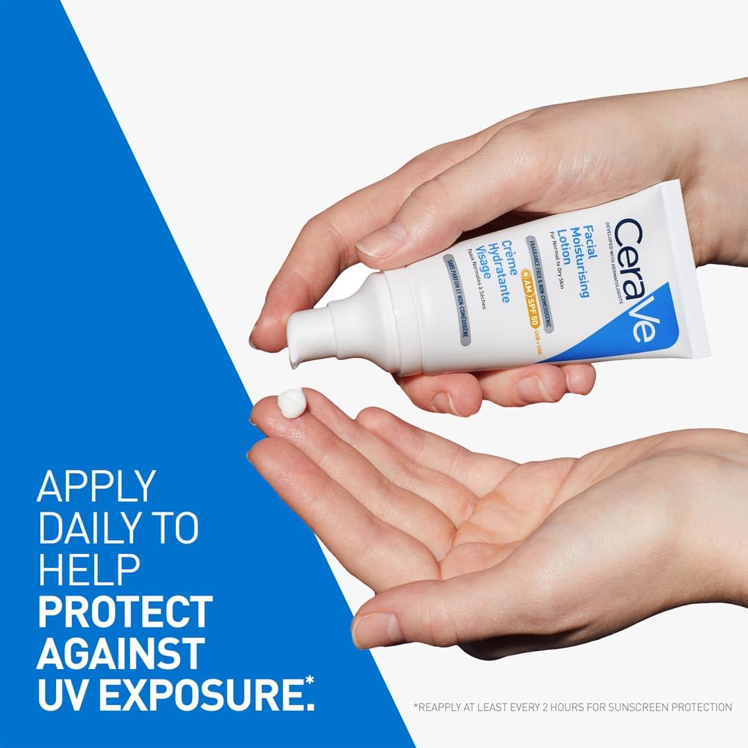 CeraVe AM Facial Moisturizing Lotion for Normal to Dry Skin, Sunscreen SPF 50, with Ceramides, Niacinamide & Hyaluronic acid 52ml