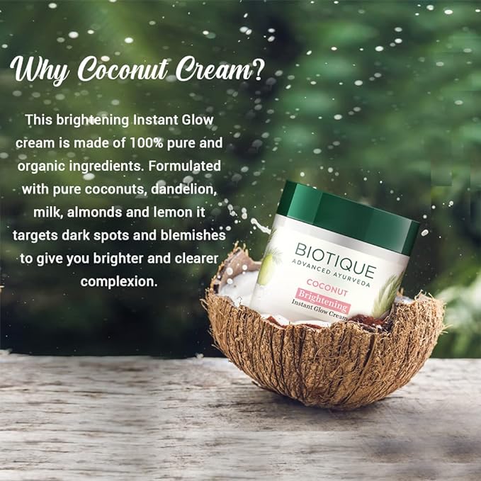 Biotique Coconut Brightening Instant Glow Cream| Lightweight and Non-Greasy | Reduces Dark Spots and Protects Ageing | Nourished and Moisturized Skin |100% Botanical Extracts| All Skin Types | 50gm
