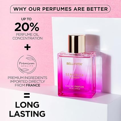 BellaVita SENORITA Woman EDP – Long-Lasting Floral & Fruity Women's Premium Perfume, Ideal for Indian Weather | Yuzu, Lotus, Magnolia, Musk | Perfect for Day Events, 100ML