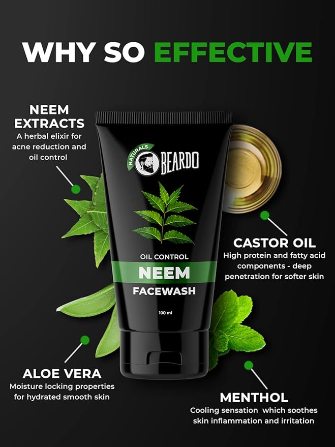 Beardo Purifying Neem Face Wash for Oil Control, 100ml | Soothes & Heals | Daily facewash for men | Gentle cleansing for oily-acne-prone skin