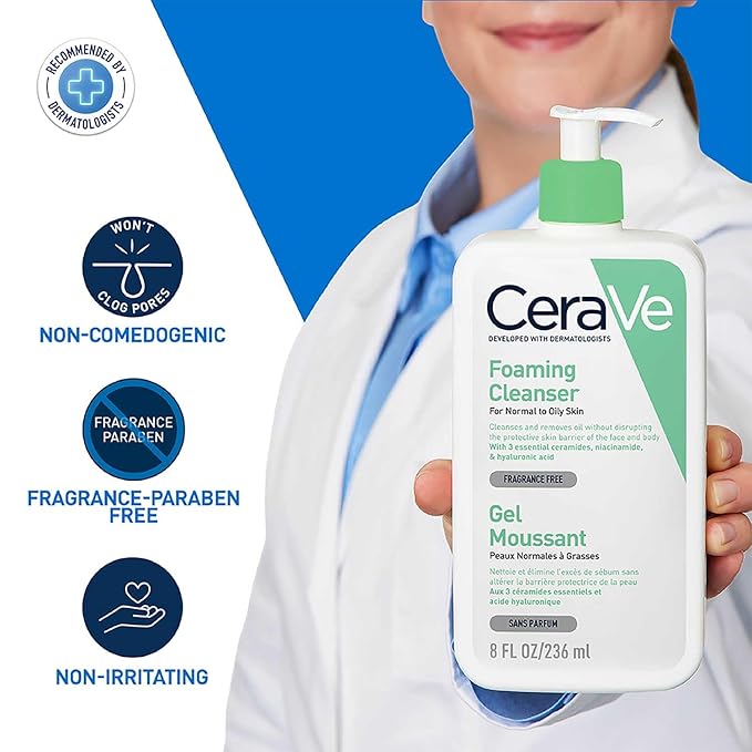 CeraVe Foaming Cleanser For Normal To Oily Skin Non-Comedogenic And Fragrance-Free Cleansers For Acne-Prone Skin (473ml)