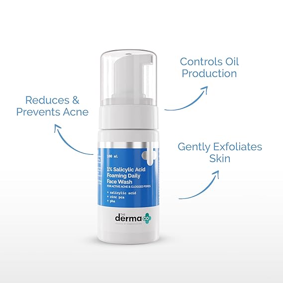 The Derma Co 1% Salicylic Acid Foaming Daily Face Wash with Salicylic Acid, Zinc PCA & PHA for Active Acne & clogged Pores - 100 ml Reduces Acne